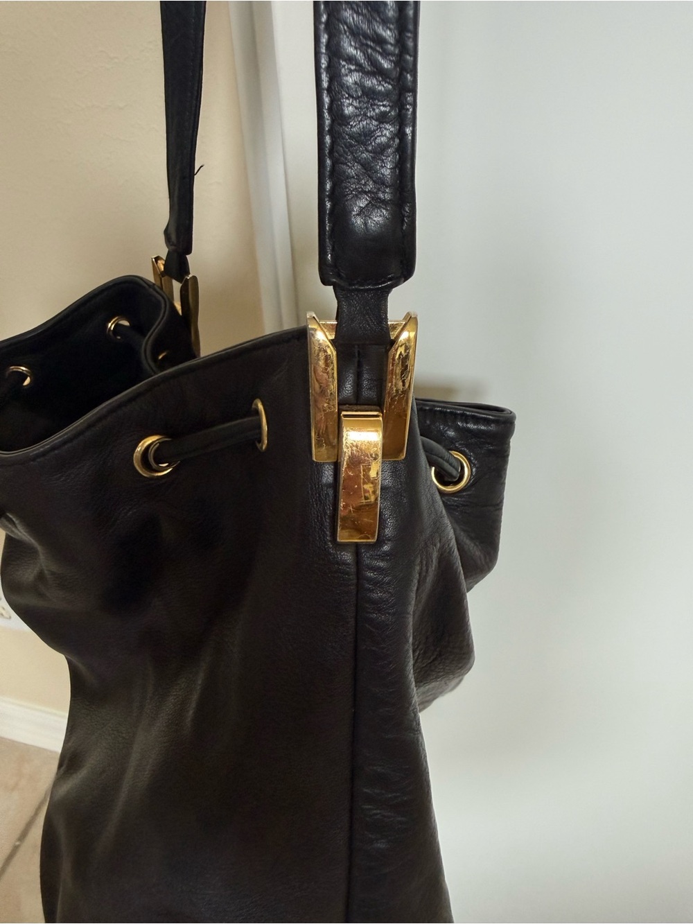 Classic Black Leather Shoulder Bag with Gold Hardware